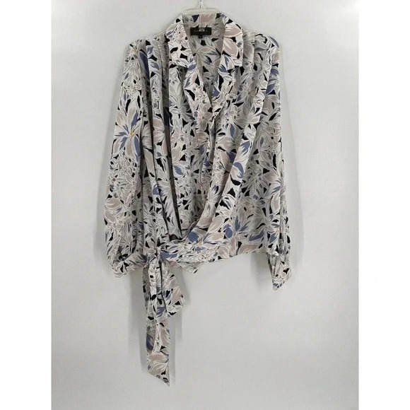 GRACIA GORGEOUS FLORAL WAIST TIE BLOUSE LARGE LIGHT LONG SLEEVE EXCELLENT UC - Picture 1 of 10